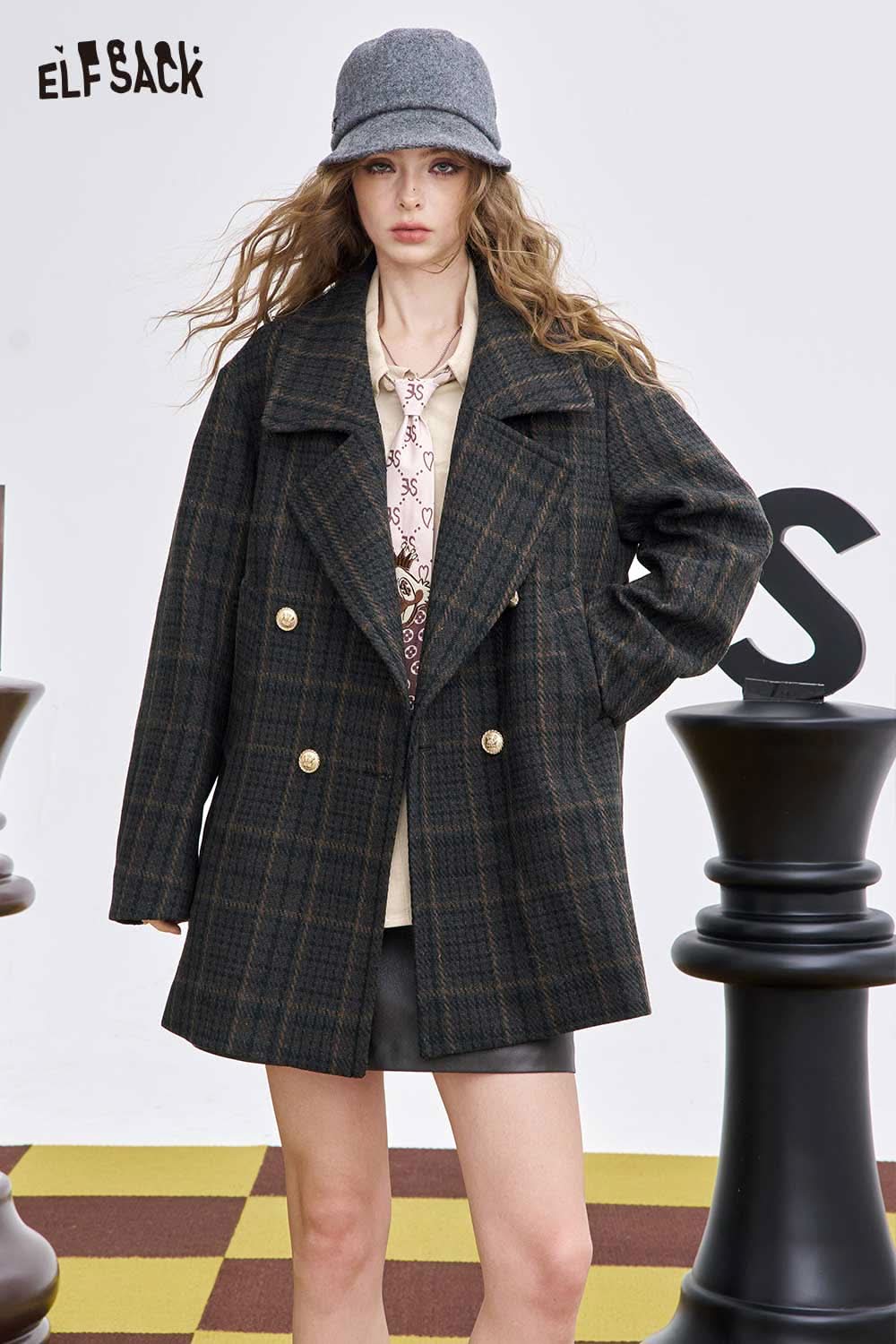 ELFSACK women's wool blend coat in plaid design, featuring double breasted buttons and a relaxed fit.