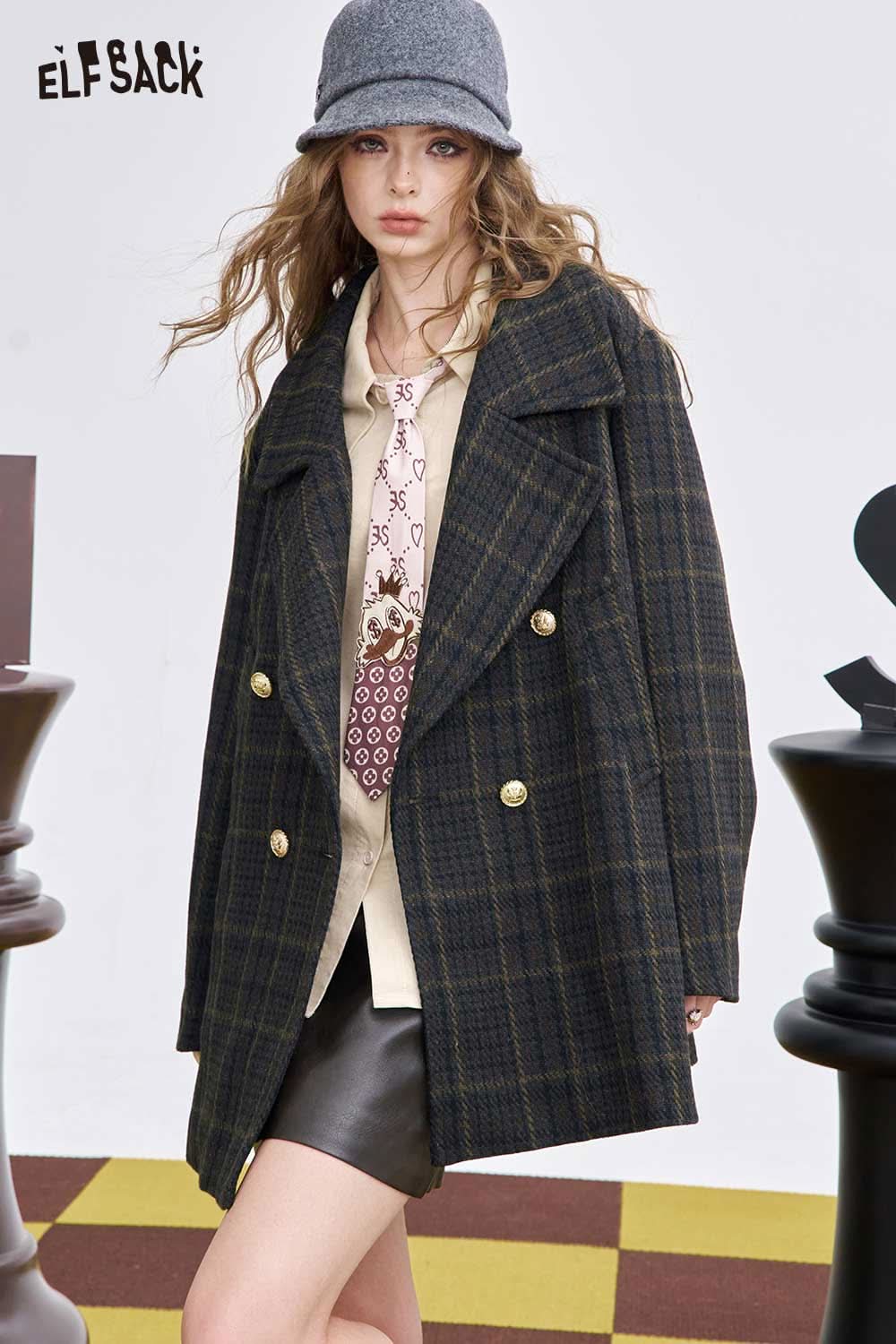 ELFSACK women's wool blend coat in plaid design with double-breasted buttons and oversized fit