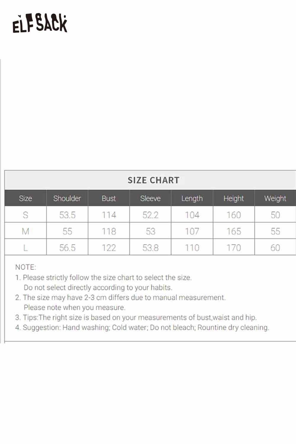 ELFSACK women's wool blend coat size chart displaying measurements for S, M, and L sizes