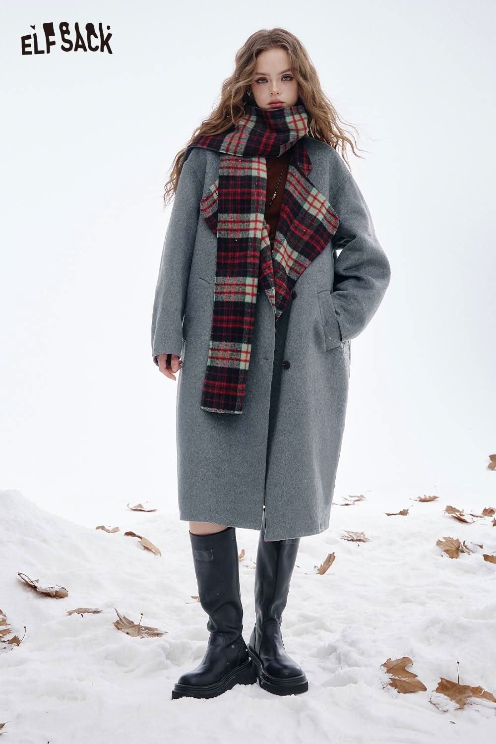 ELFSACK women's wool blend coat in gray paired with a plaid scarf for a stylish winter look