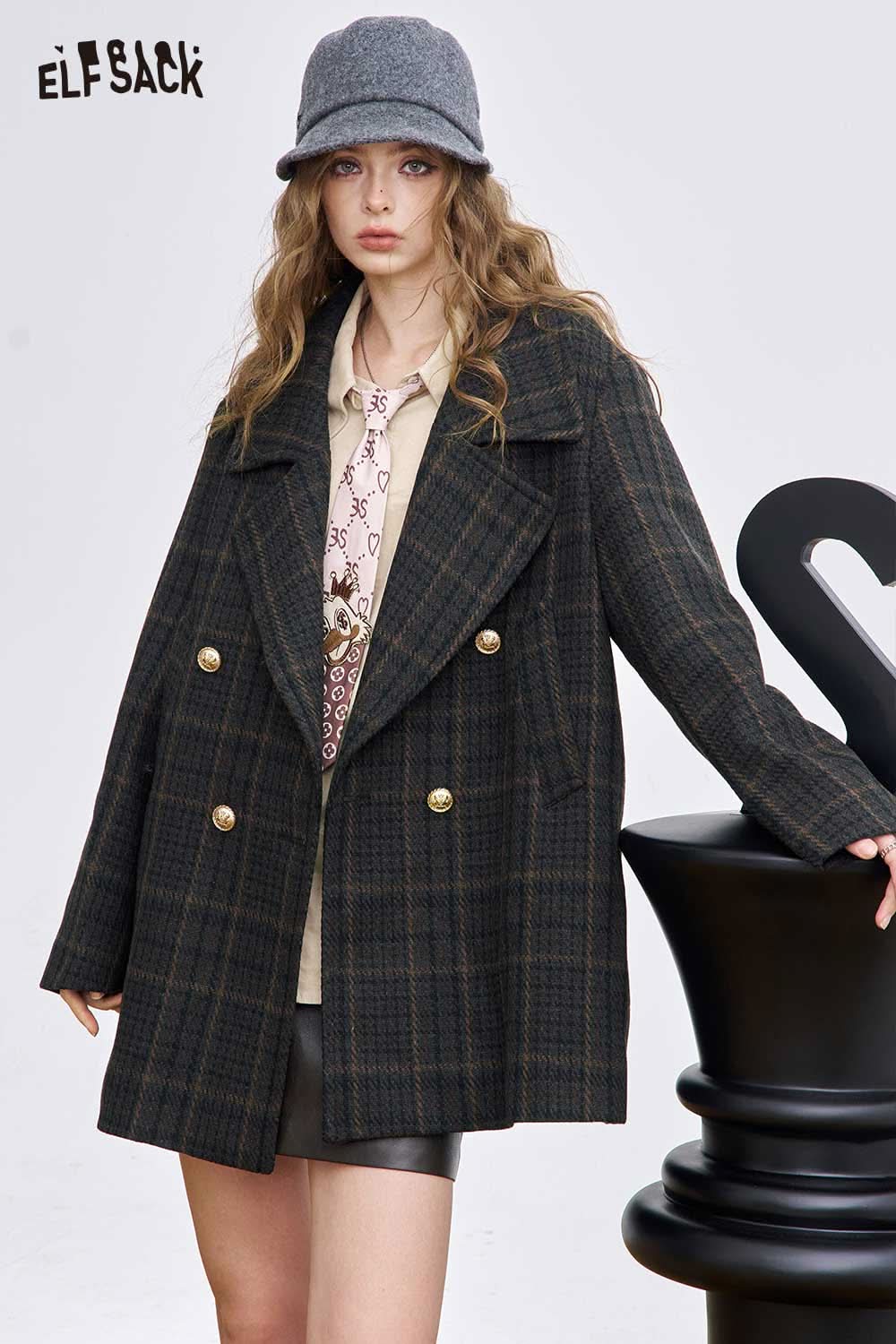 ELFSACK women's wool blend coat in plaid style with double-breasted buttons and oversized fit