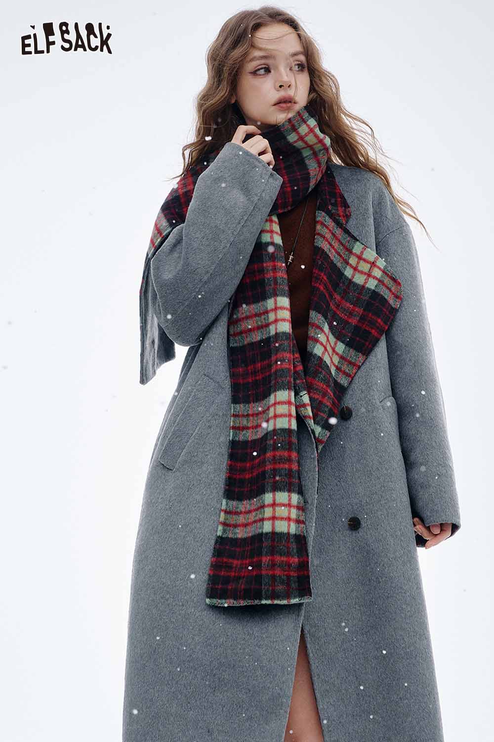 ELFSACK women's wool blend coat in gray with a stylish red and plaid scarf for winter fashion