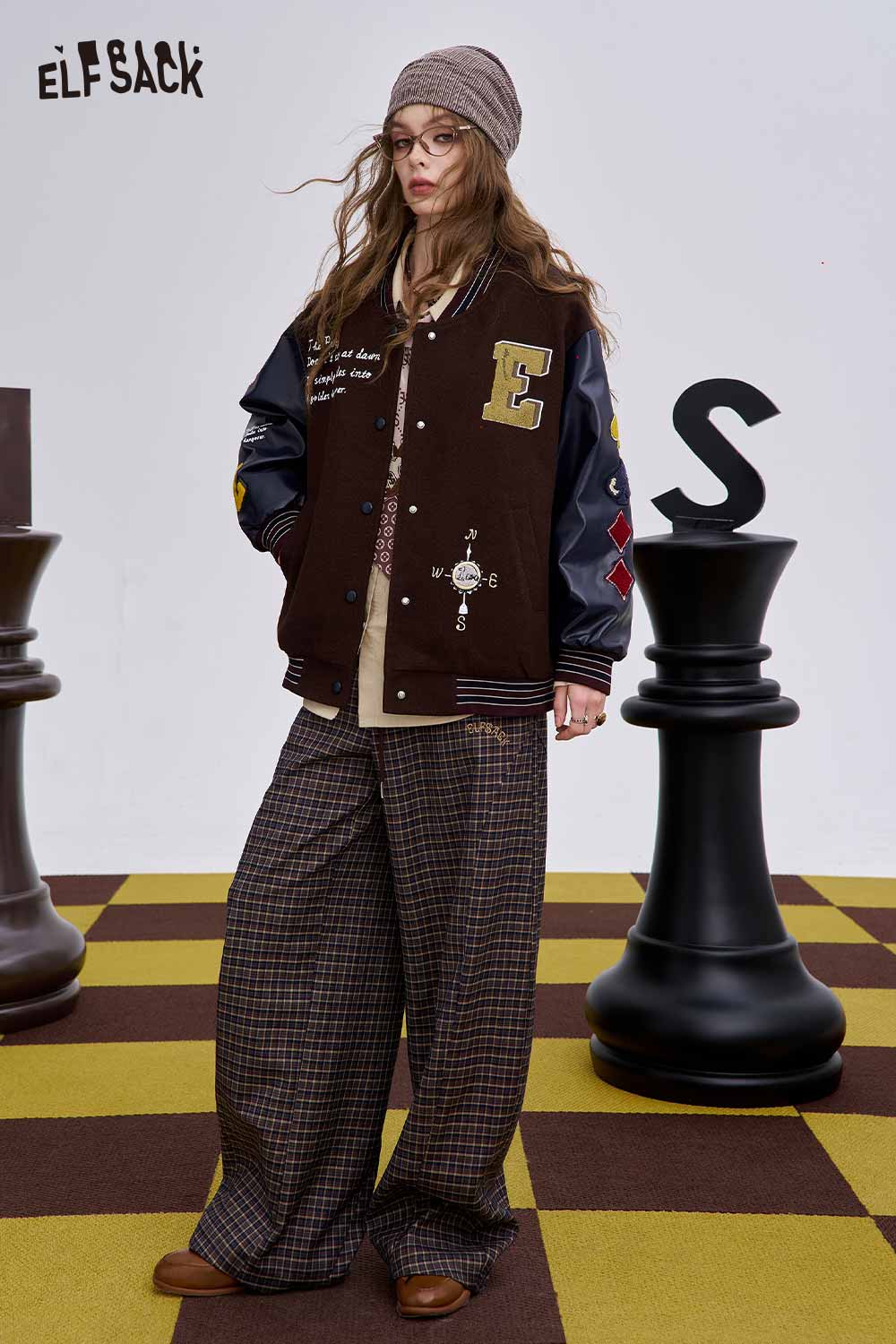 ELFSACK women's wool blend graphic coat with varsity style design and vibrant patches