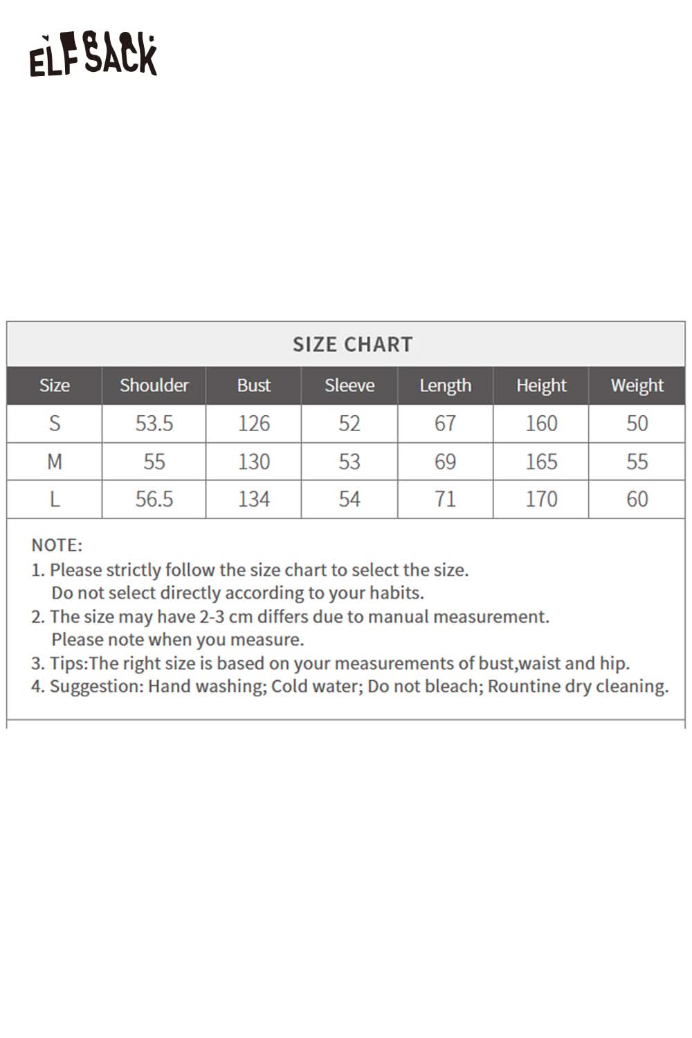 ELFSACK women's wool blend graphic coat with detailed size chart for sizing guidance