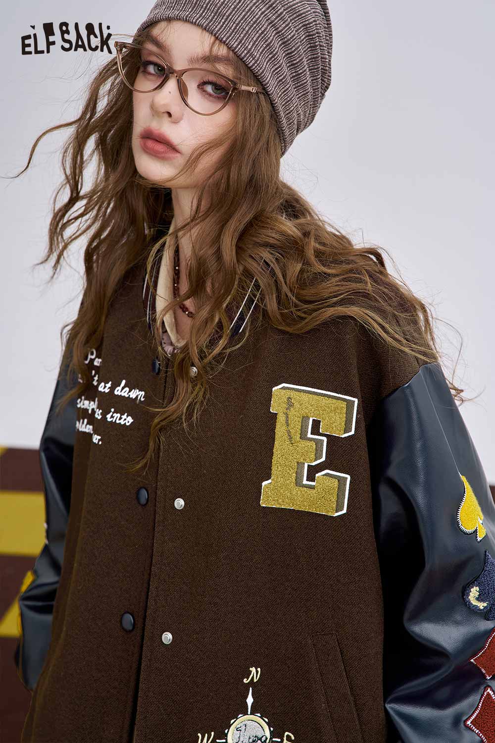 ELFSACK women's wool blend graphic coat with unique designs and contrasting leather sleeves