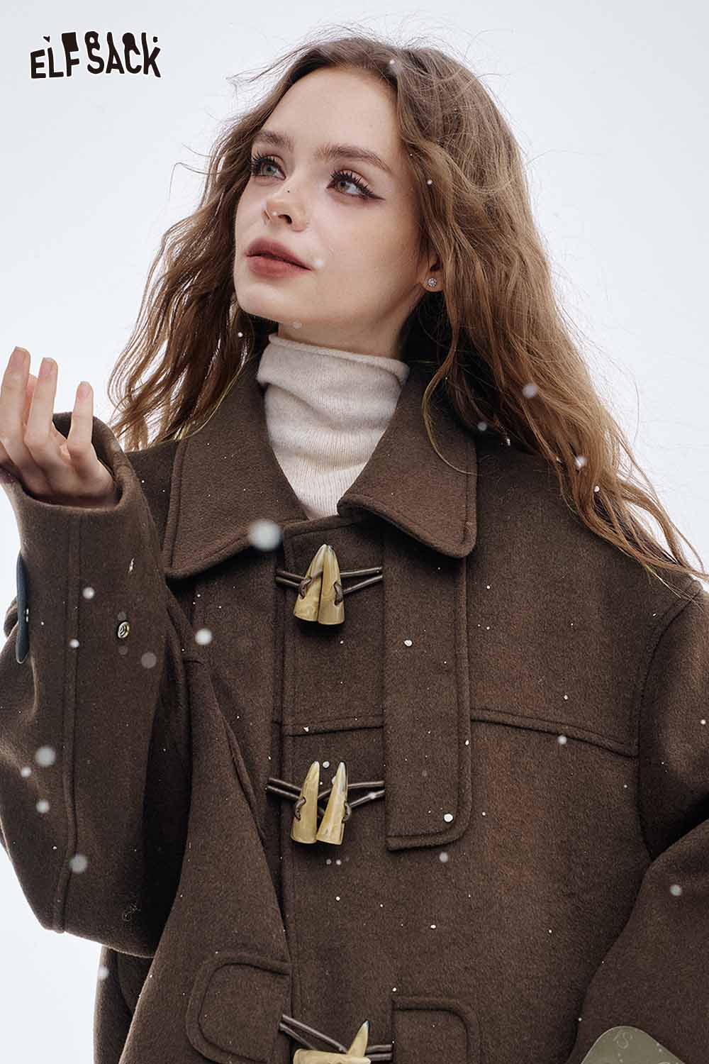 ELFSACK women's wool blend toggle coat in brown with stylish toggle buttons and a cozy design