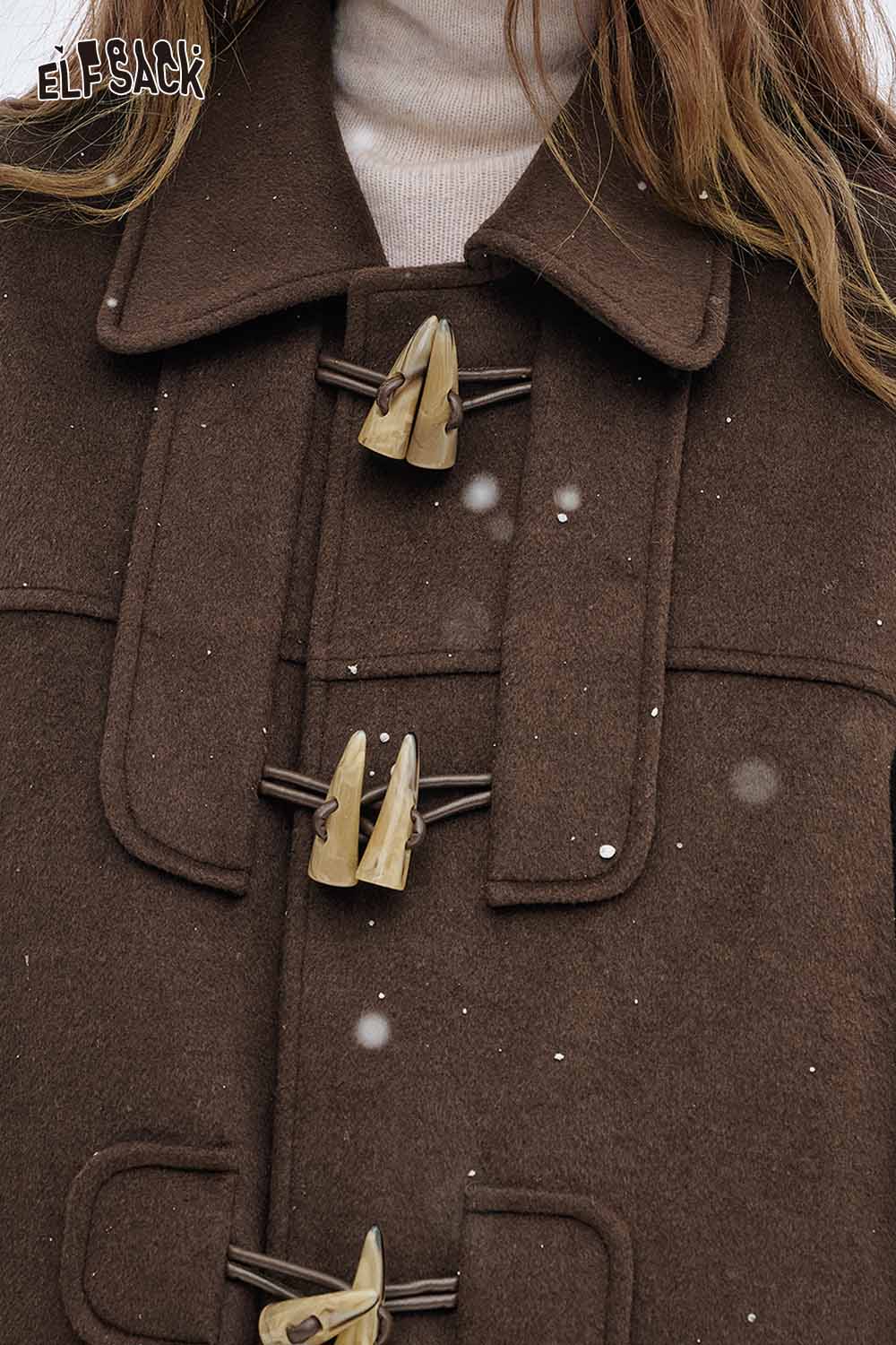 Close-up of ELFSACK women's wool blend toggle coat in brown with toggle fastenings and a warm collar