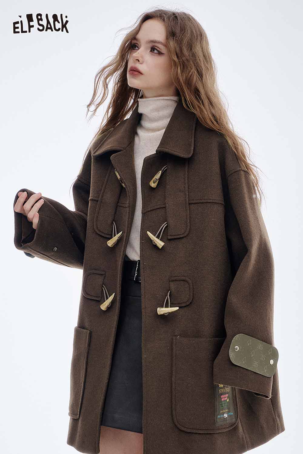 ELFSACK women's wool blend toggle coat in brown with large pockets and toggle fastenings