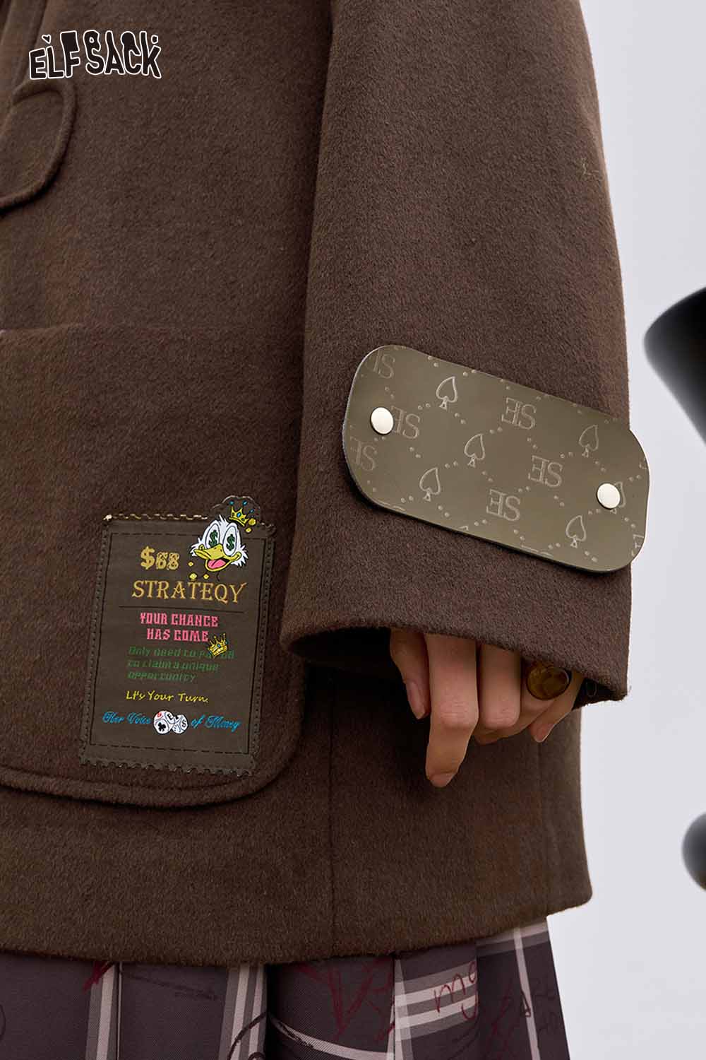 ELFSACK women's wool blend toggle coat with unique patch and stylish button detail