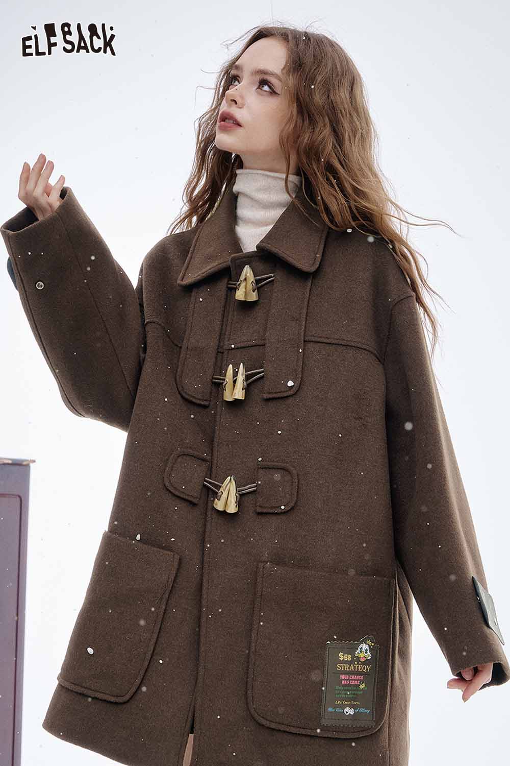 ELFSACK women's wool blend toggle coat in brown with a stylish oversized fit and toggle buttons