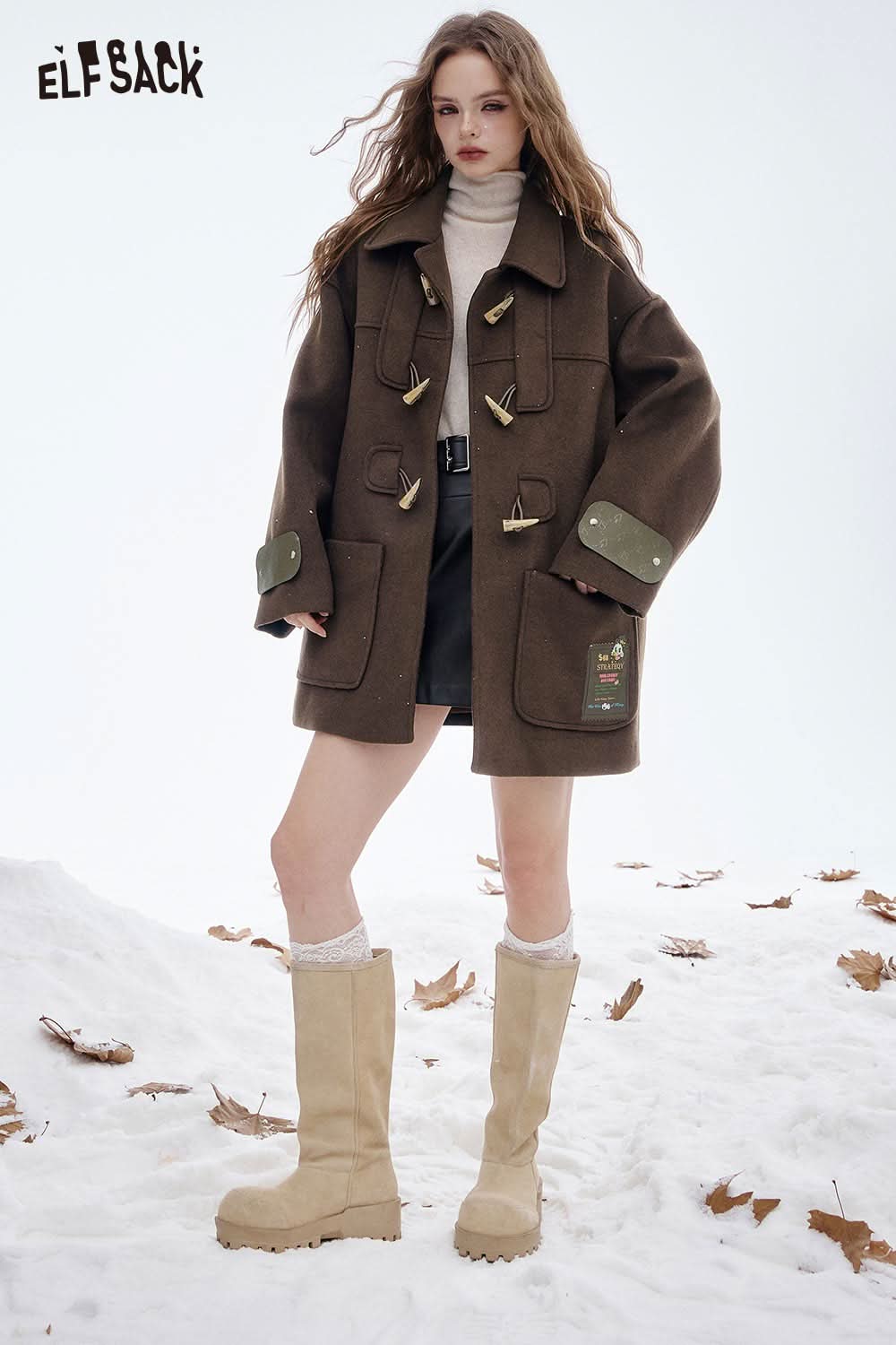 ELFSACK women's wool blend toggle coat in brown with stylish pockets and green details