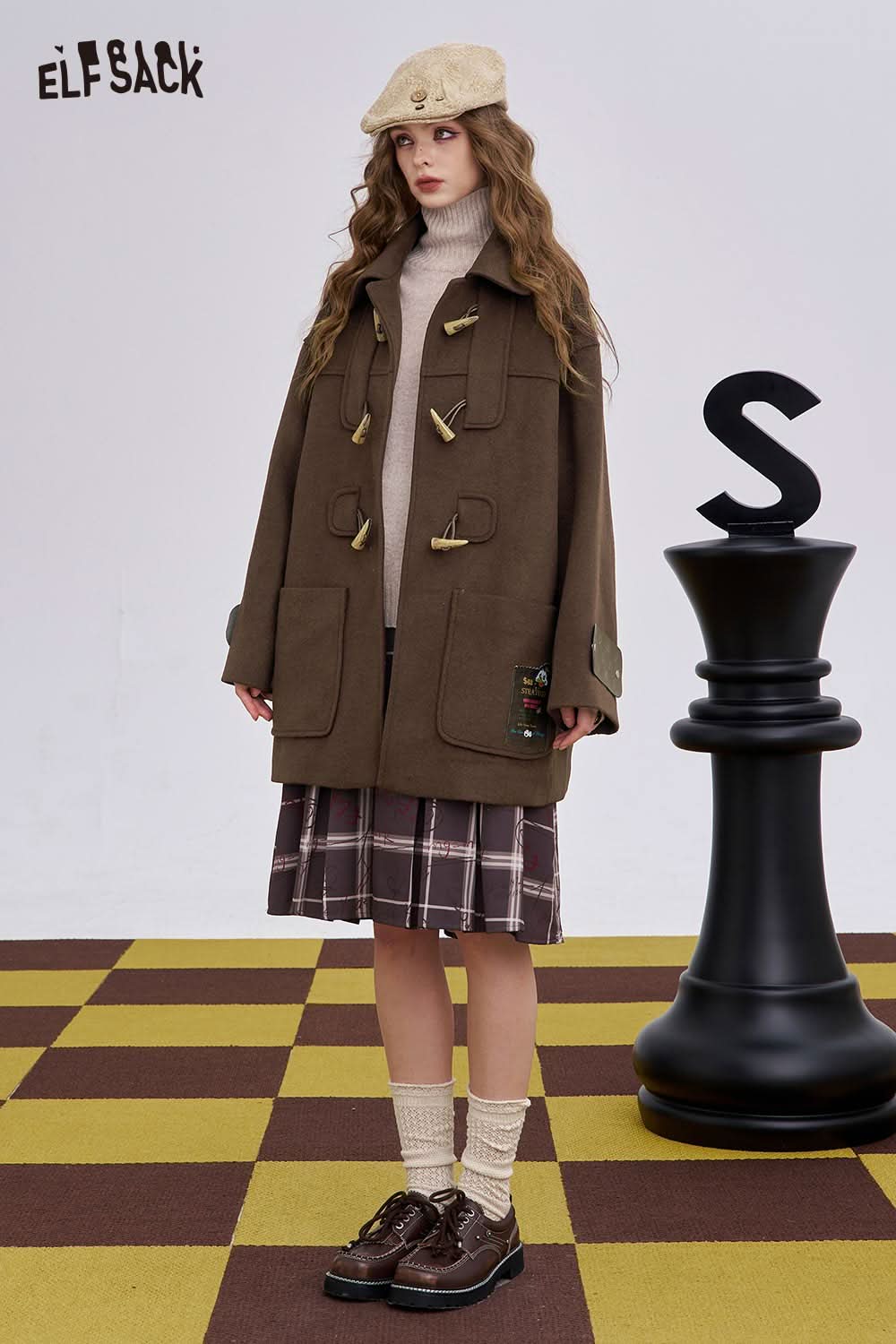 ELFSACK women's wool blend toggle coat in brown with pockets and buttons for stylish winter wear