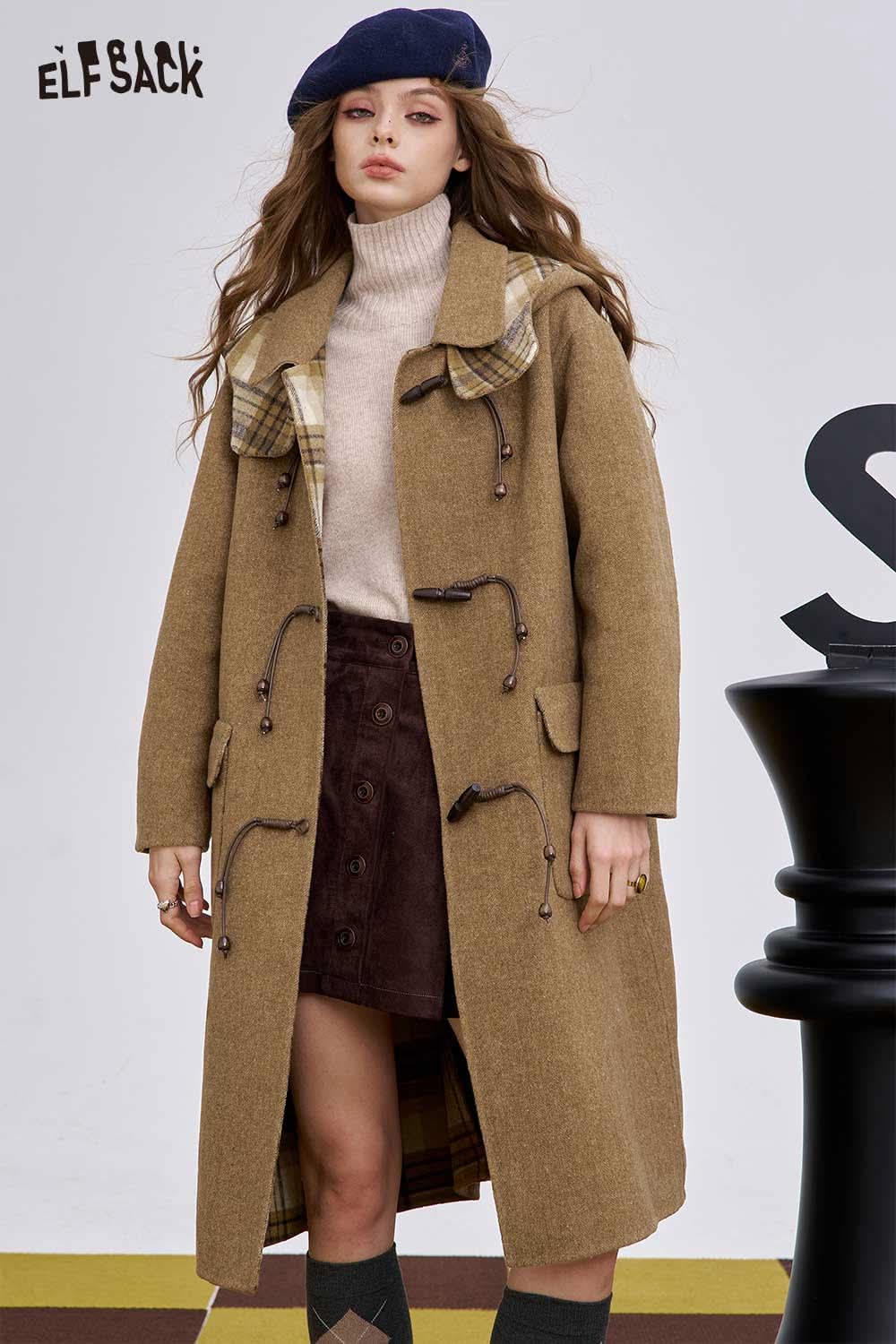 ELFSACK women's wool blend toggle coat in brown with plaid detail, perfect for stylish winter wear