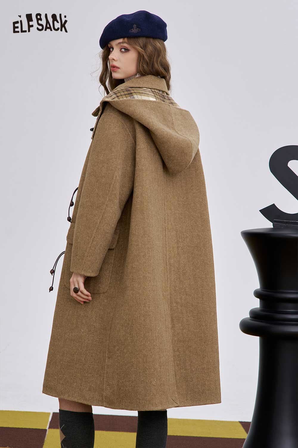 ELFSACK women's wool blend toggle coat in tan with a hood and stylish design for winter warmth