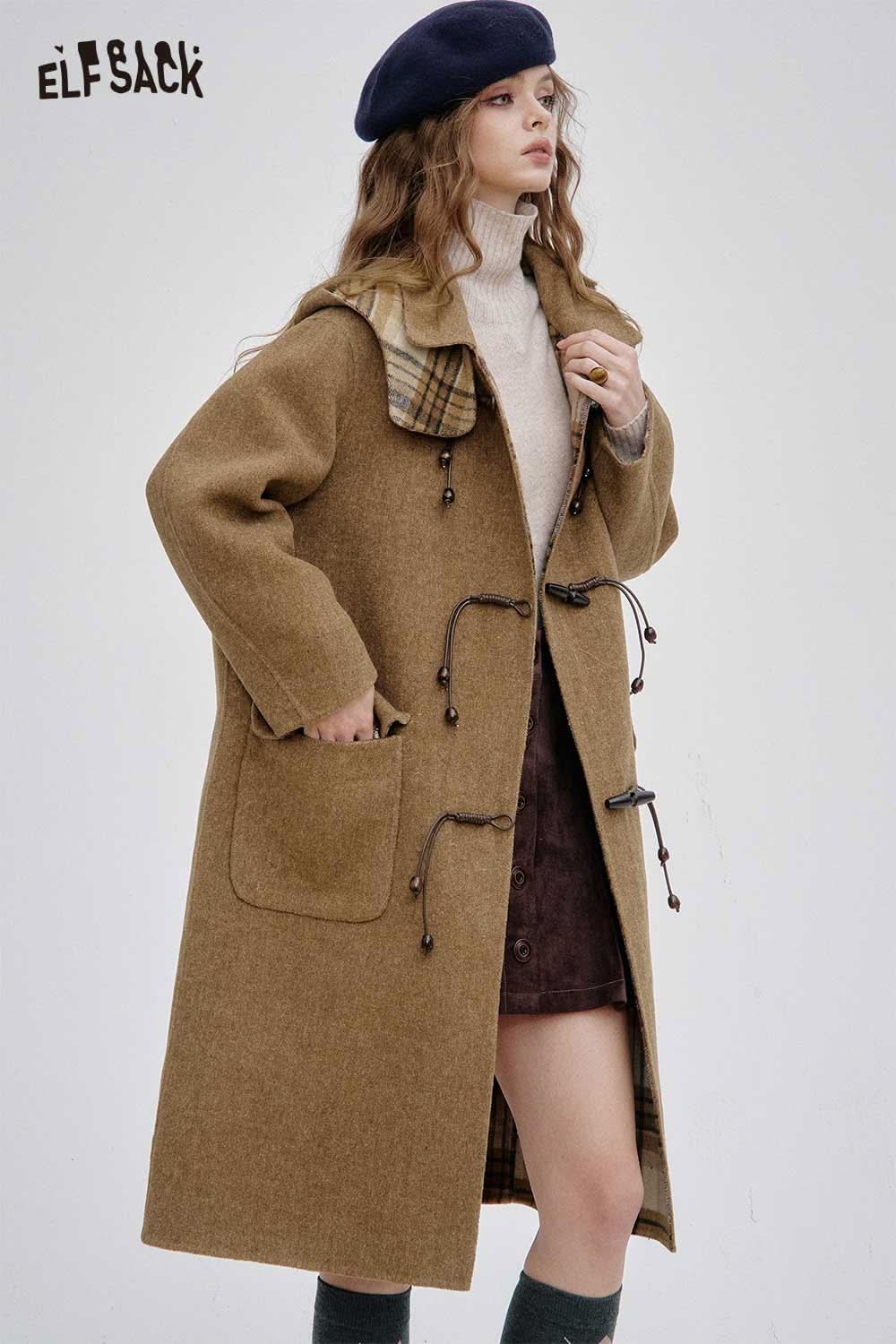 ELFSACK women's wool blend toggle coat in brown with plaid hood and side pockets