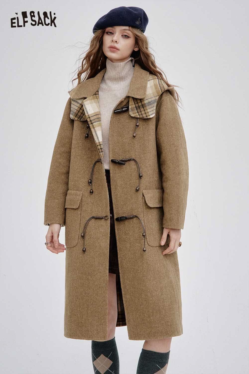 ELFSACK women's wool blend toggle coat in brown with plaid collar and stylish design for fall fashion