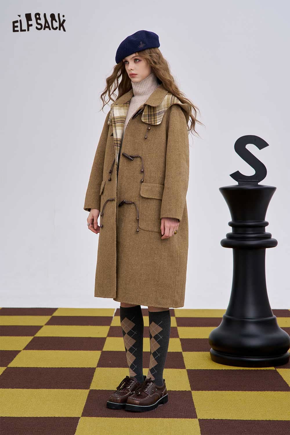 ELFSACK women's wool blend toggle coat with a stylish plaid collar for a chic look