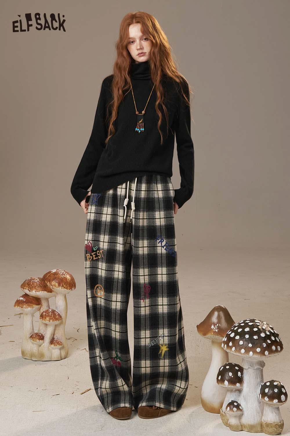 ELFSACK women's wool turtleneck sweater styled with plaid pants for a cozy fall look