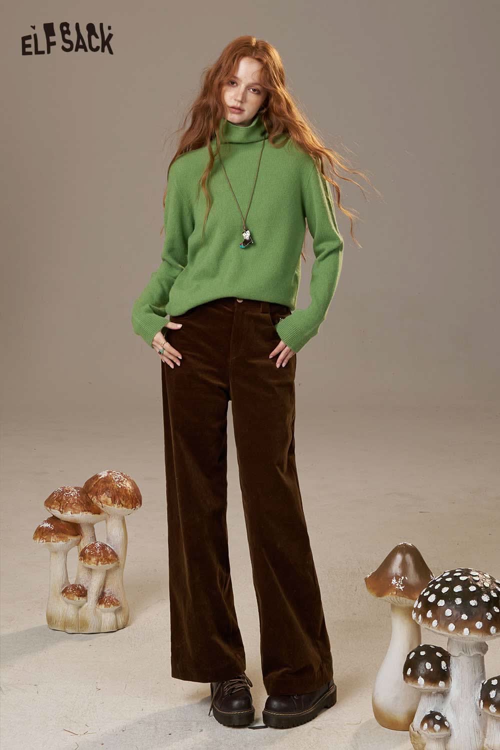ELFSACK women's wool turtleneck sweater in green paired with brown wide-leg pants