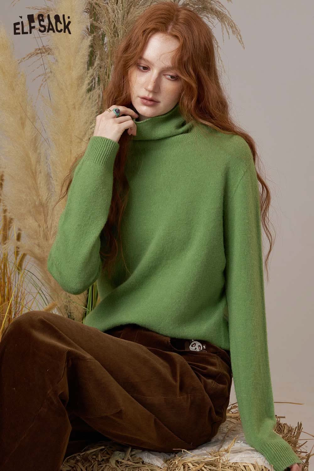 ELFSACK women's wool turtleneck sweater in green, perfect for cozy winter outfits