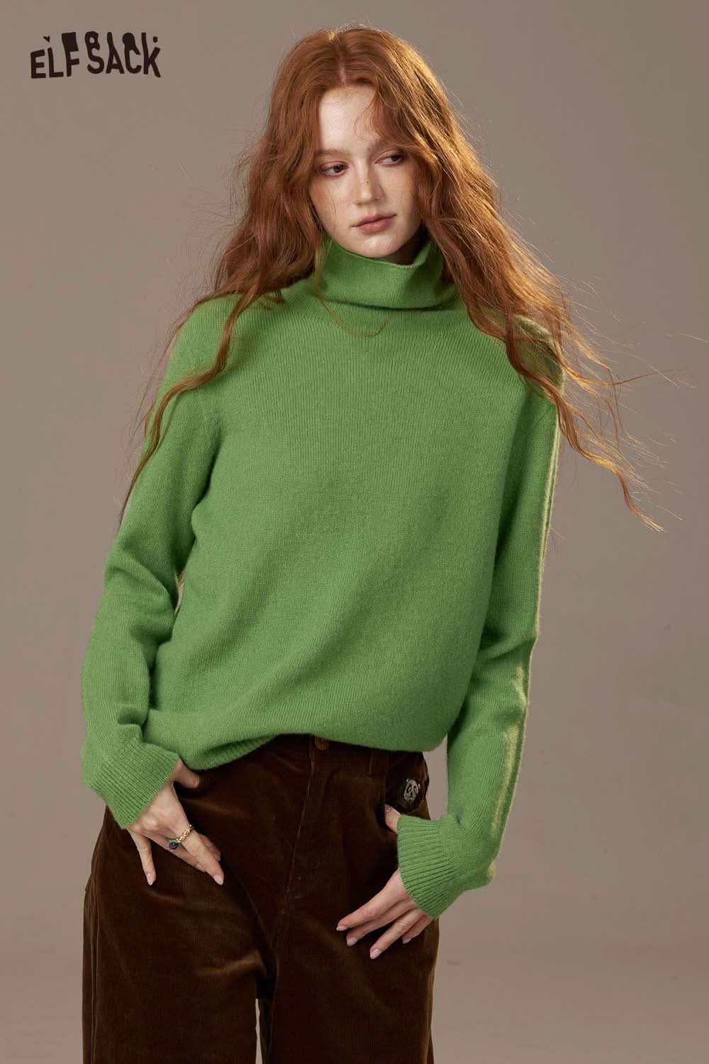 ELFSACK women's wool turtleneck sweater in vibrant green perfect for stylish autumn outfits