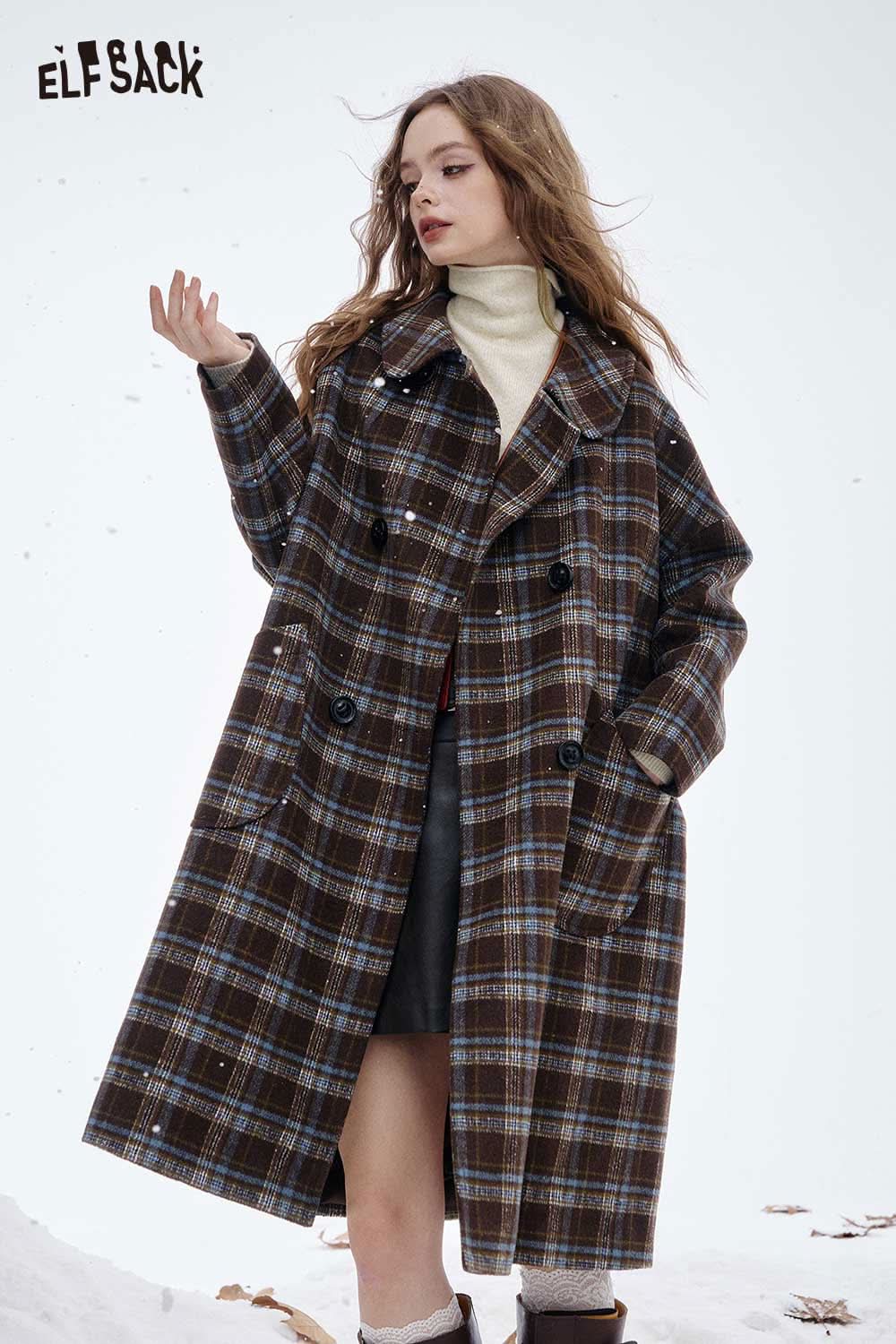 ELFSACK women's wool turtleneck sweater paired with a stylish plaid coat for a chic winter look