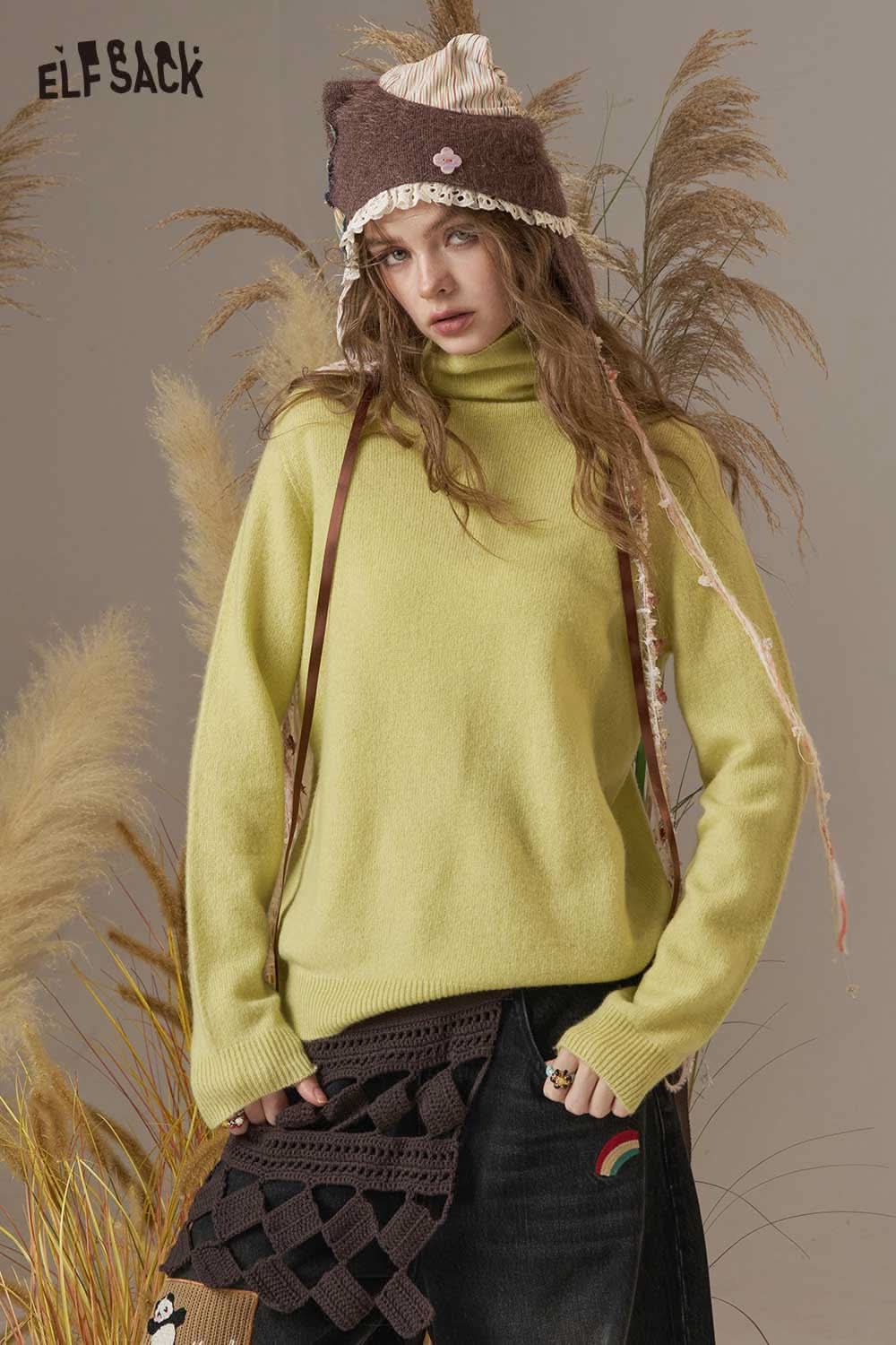ELFSACK women's wool turtleneck sweater in lime green for a stylish and cozy winter look