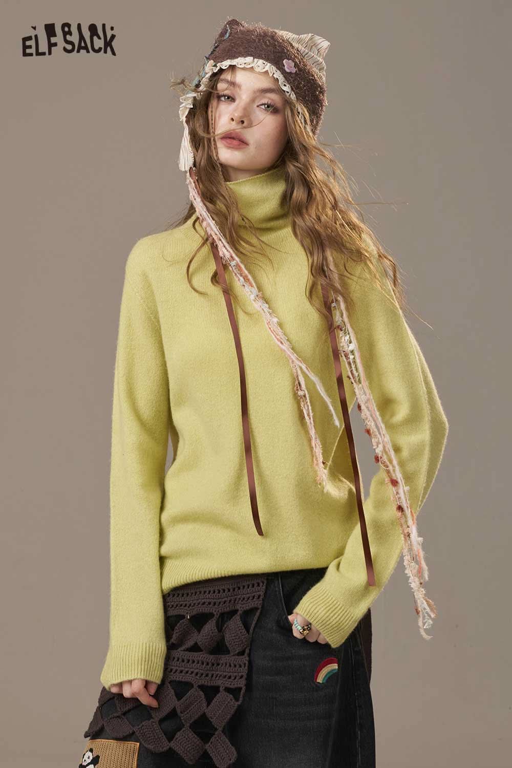 ELFSACK women's wool turtleneck sweater in soft yellow, styled with a unique hat and casual outfit