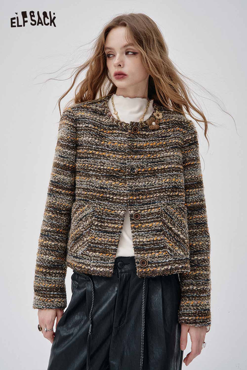 ELFSACK wool blend 3D flower coat featuring a textured design and button closure for a stylish look