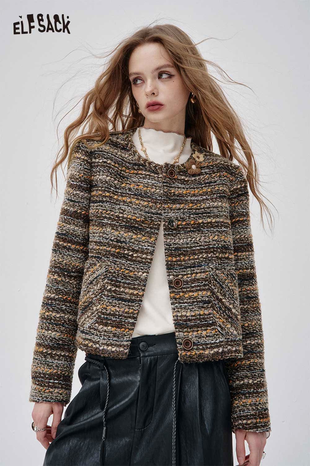 ELFSACK wool blend 3D flower coat with a textured design and button closure for a trendy look