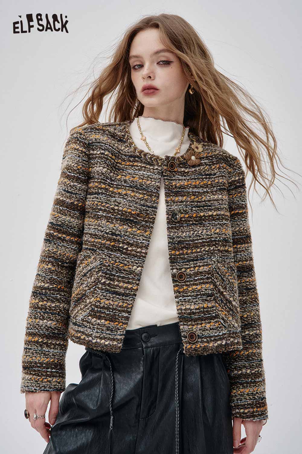 ELFSACK wool blend 3D flower coat with a textured striped pattern for stylish layering