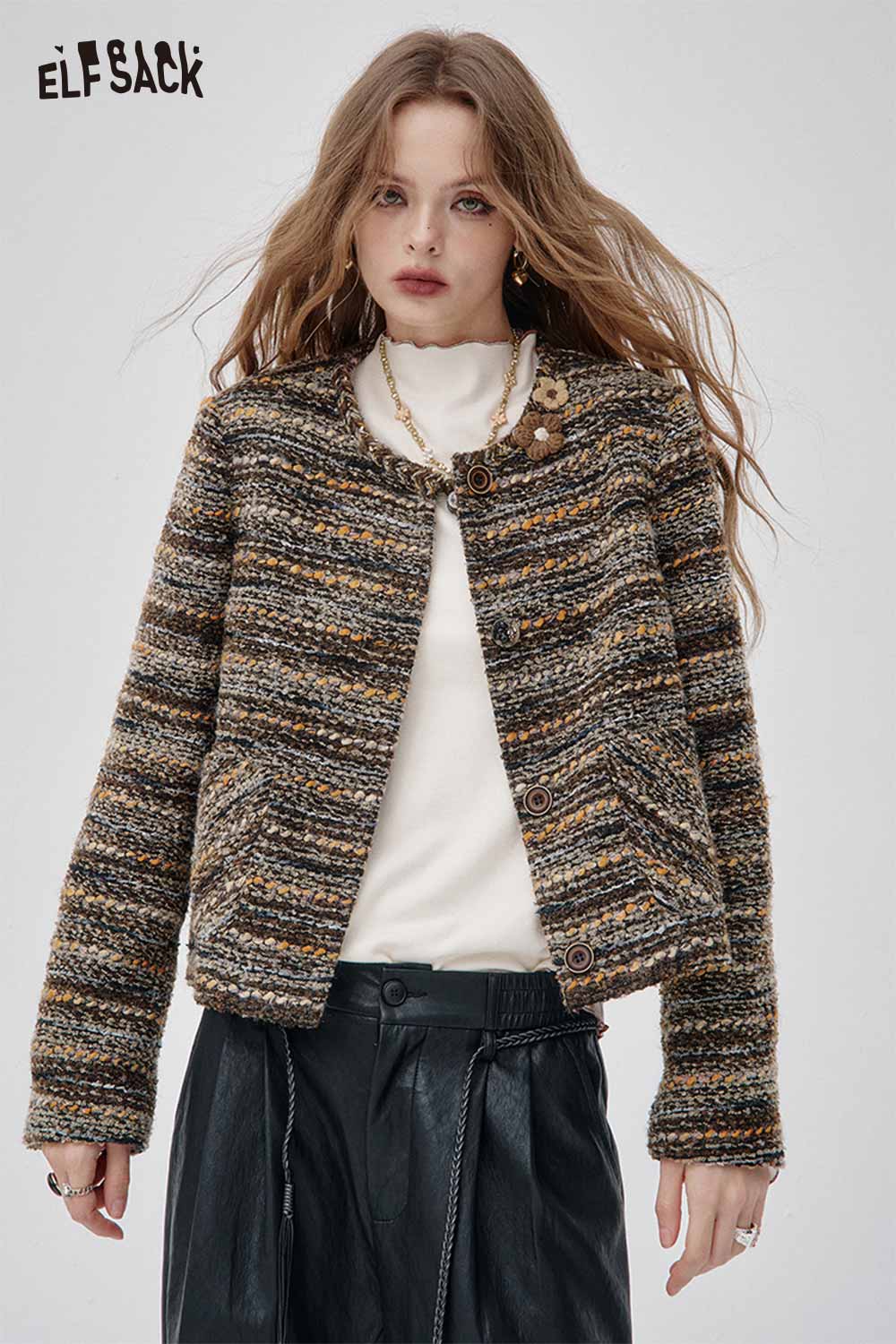 ELFSACK wool blend 3D flower coat in striped pattern, featuring unique button details and cropped design