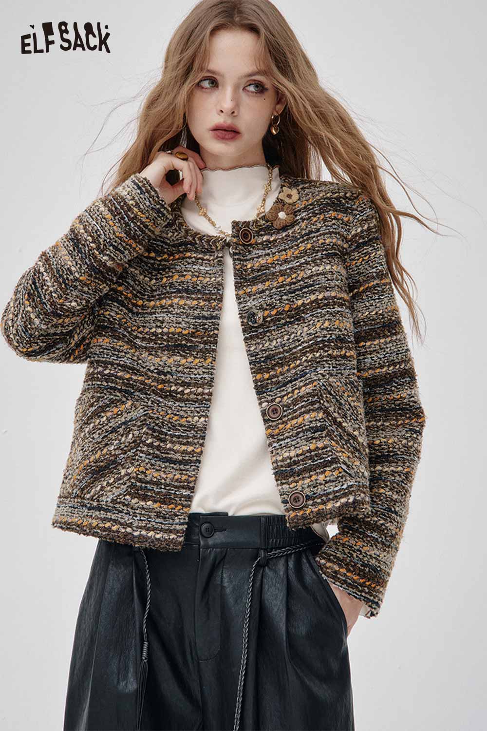 ELFSACK wool blend 3D flower coat with textured fabric and button closure, perfect for stylish layering
