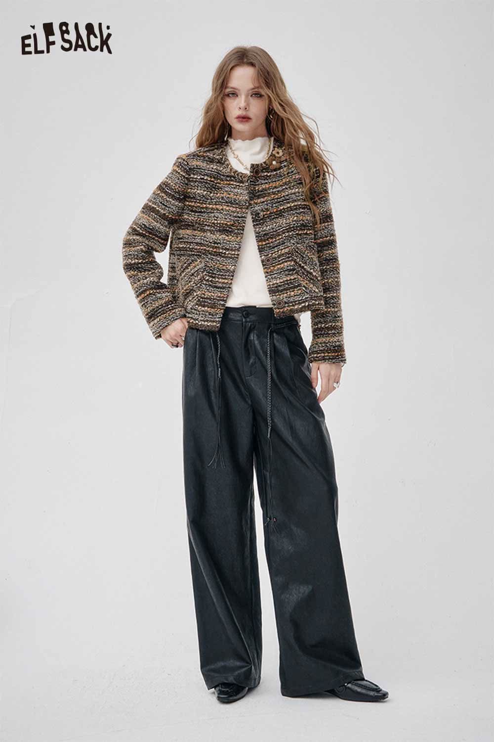 ELFSACK wool blend 3D flower coat styled with wide-leg black trousers for a trendy look