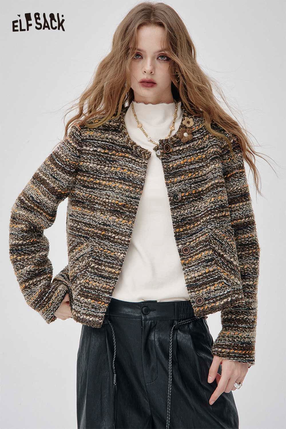 ELFSACK wool blend 3D flower coat in striped design with button closure and unique texture