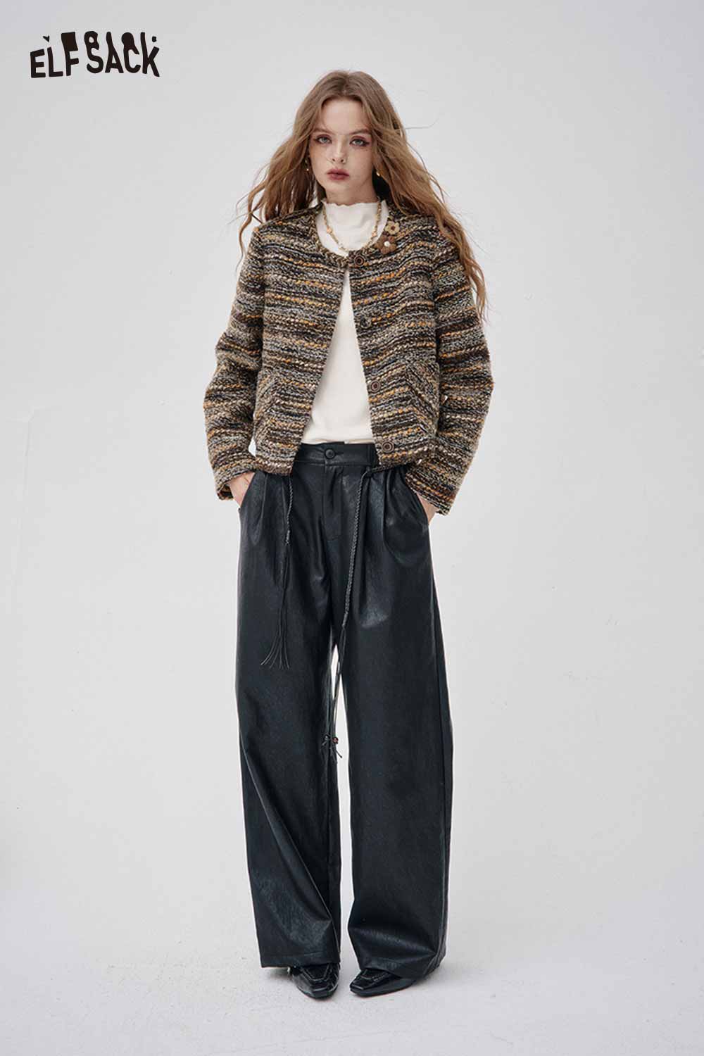 ELFSACK wool blend 3D flower coat featuring a cropped design paired with stylish wide-leg pants