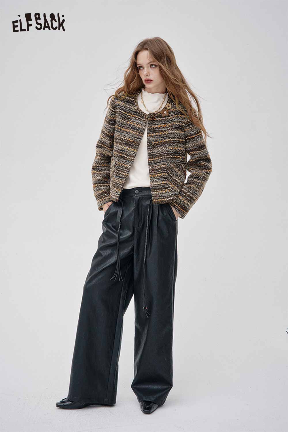 ELFSACK wool blend 3D flower coat designed with textured patterns for stylish, warm layering