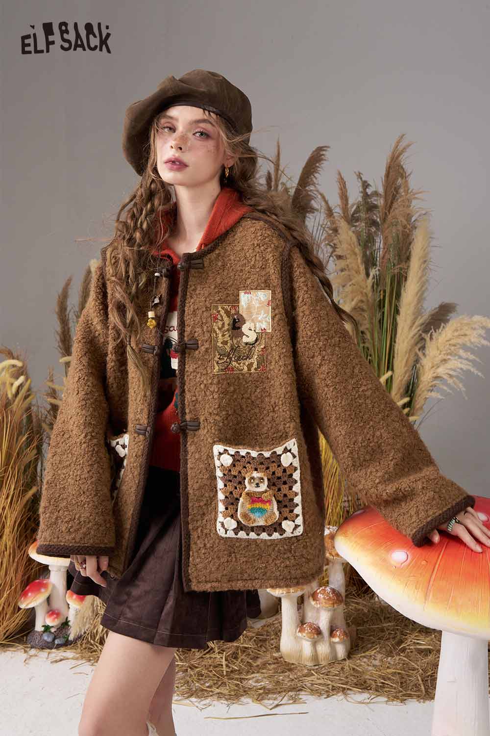 ELFSACK wool blend cartoon embroidery coat with detailed patches and cozy design