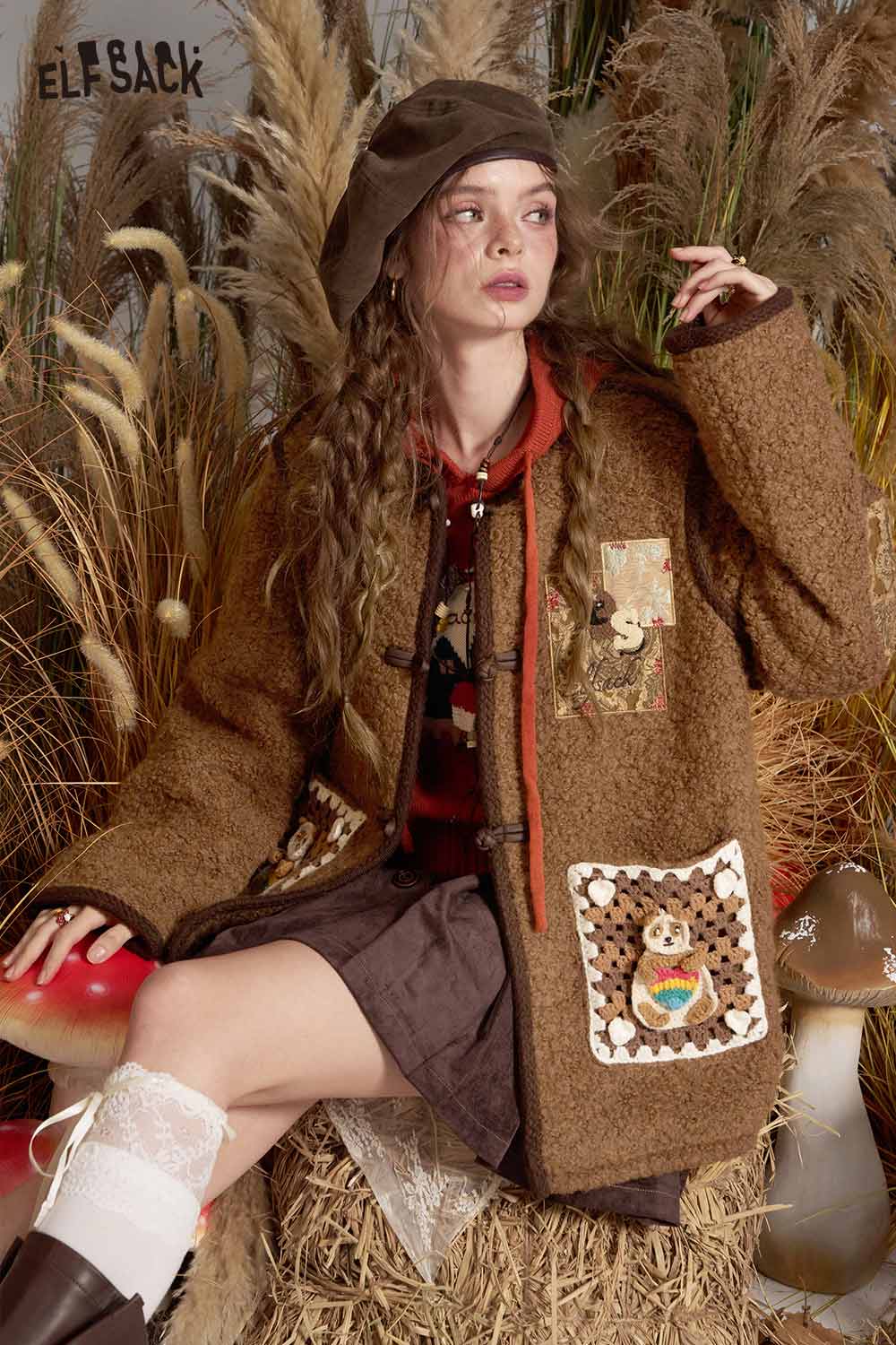 ELFSACK wool blend cartoon embroidery coat in brown with unique patches for a cozy, stylish look