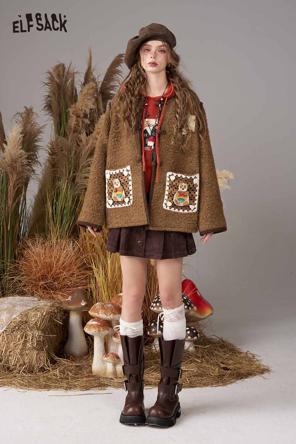 ELFSACK wool blend cartoon embroidery coat in brown with charming animal designs on pockets