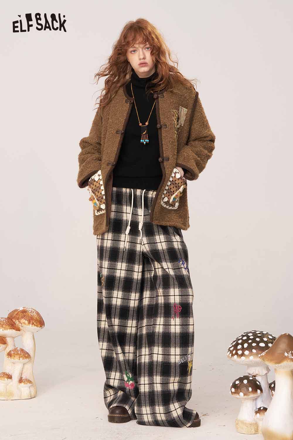 ELFSACK wool blend cartoon embroidery coat with unique details paired with wide plaid pants