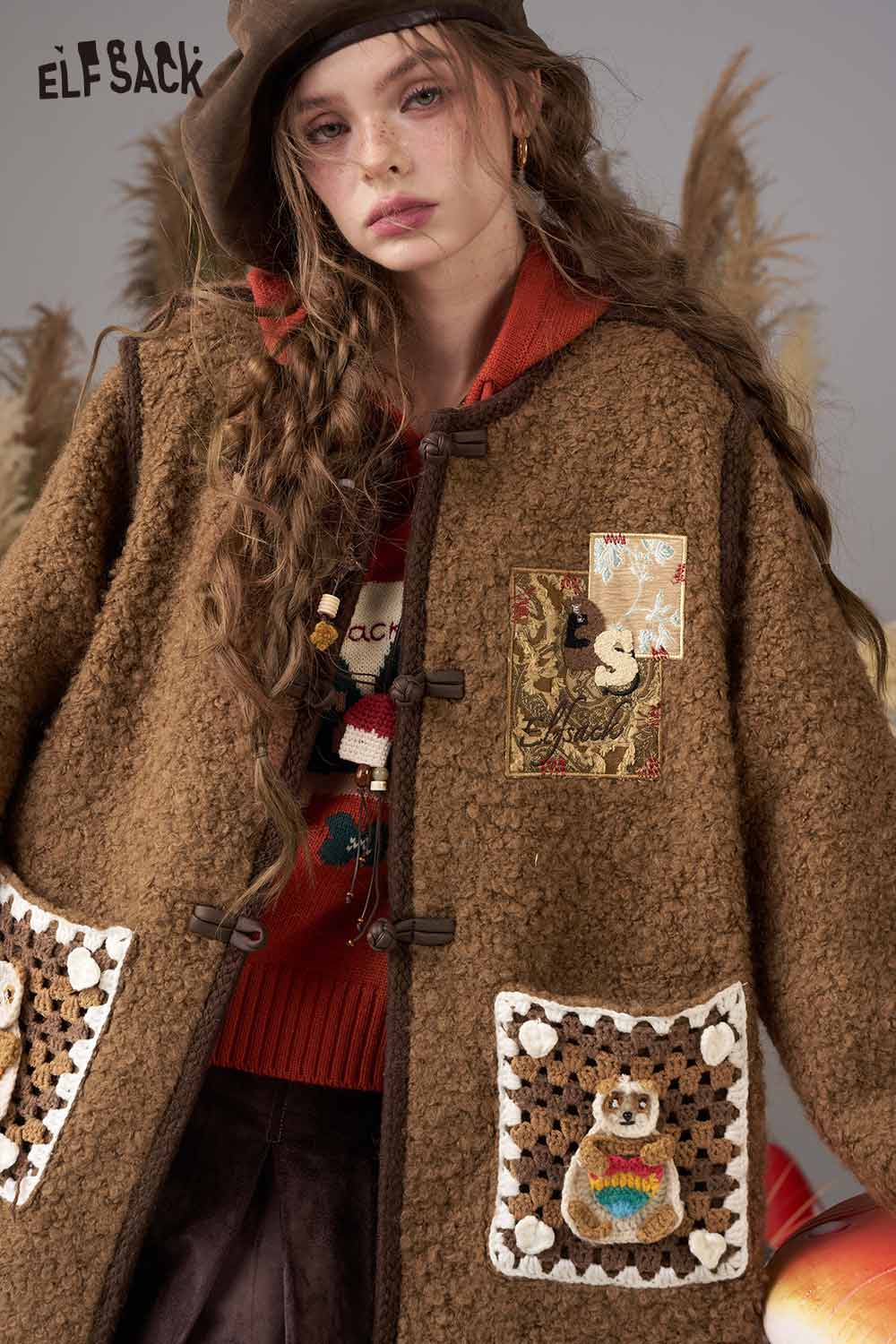 ELFSACK wool blend cartoon embroidery coat with playful animal designs and warm texture
