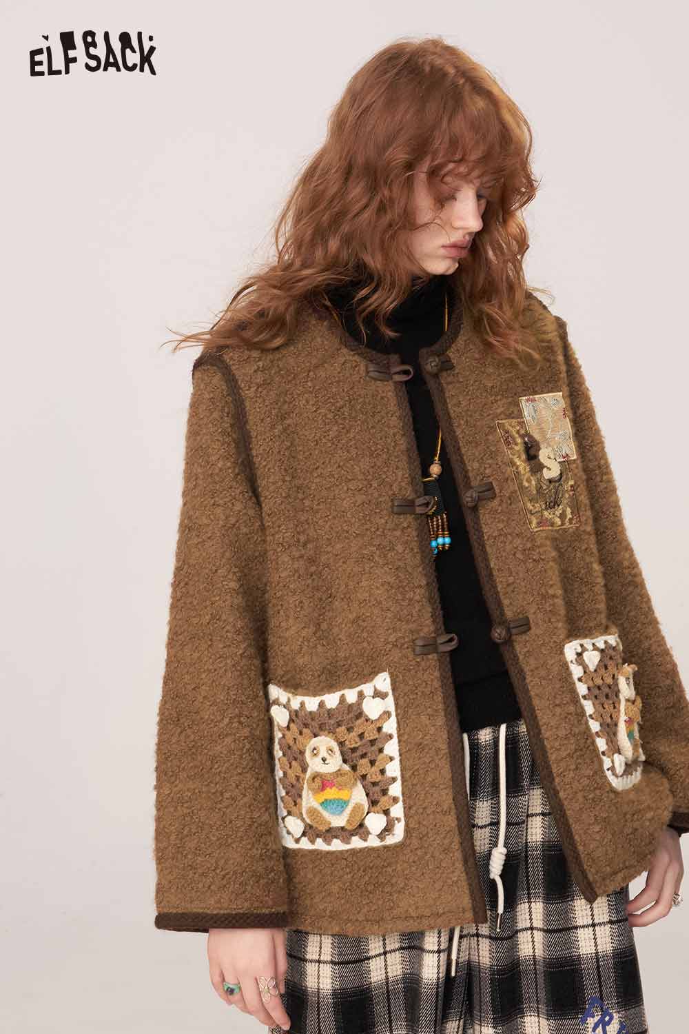 ELFSACK wool blend cartoon embroidery coat featuring unique animal designs on a cozy brown fabric