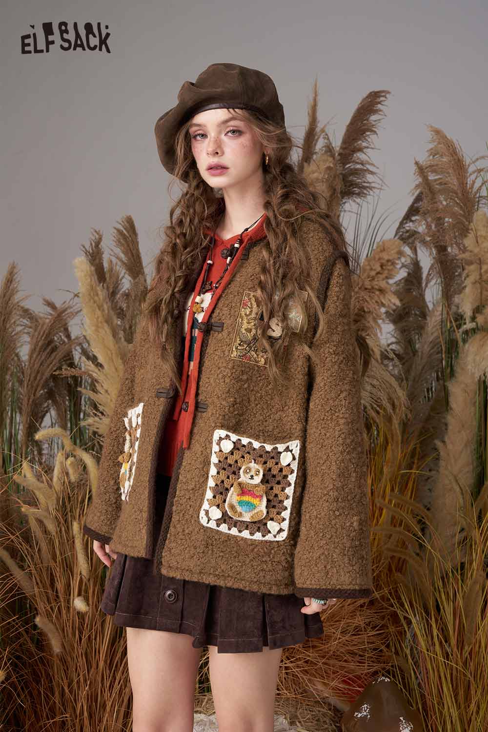 ELFSACK wool blend cartoon embroidery coat featuring fun designs and a cozy fit