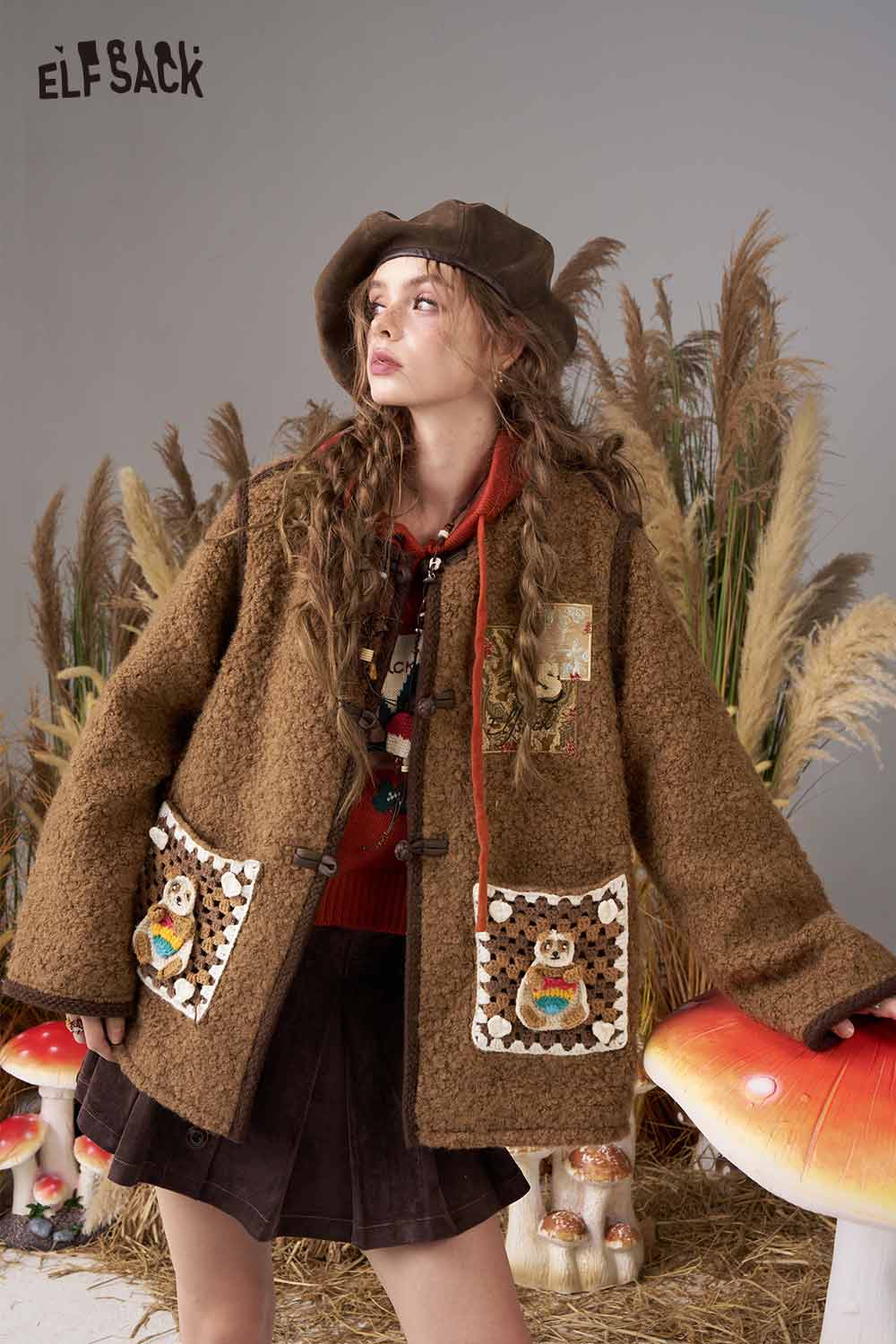 ELFSACK wool blend cartoon embroidery coat in brown with playful patches and oversized fit