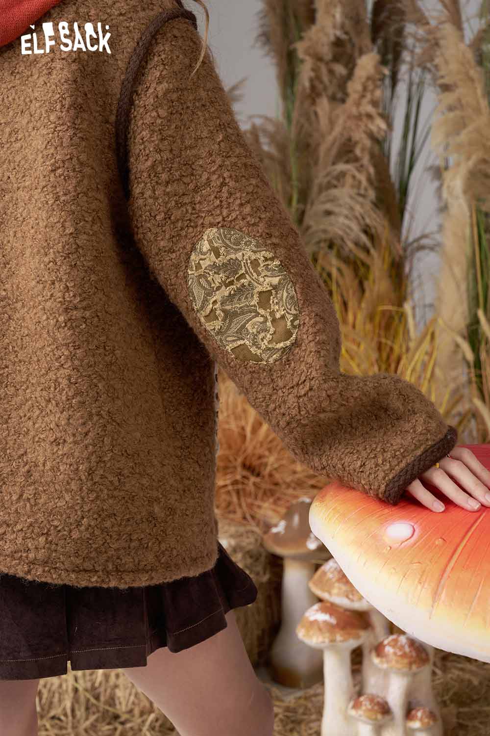 ELFSACK wool blend cartoon embroidery coat featuring a unique embroidered patch on the sleeve