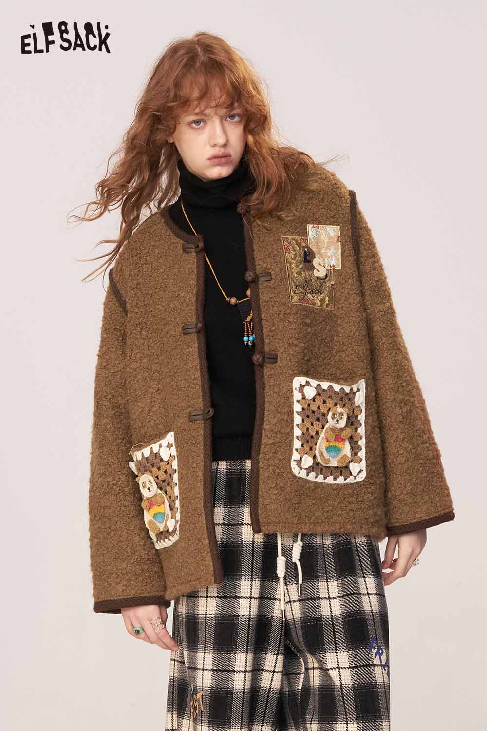 ELFSACK wool blend cartoon embroidery coat in brown featuring unique cartoon designs and cozy style