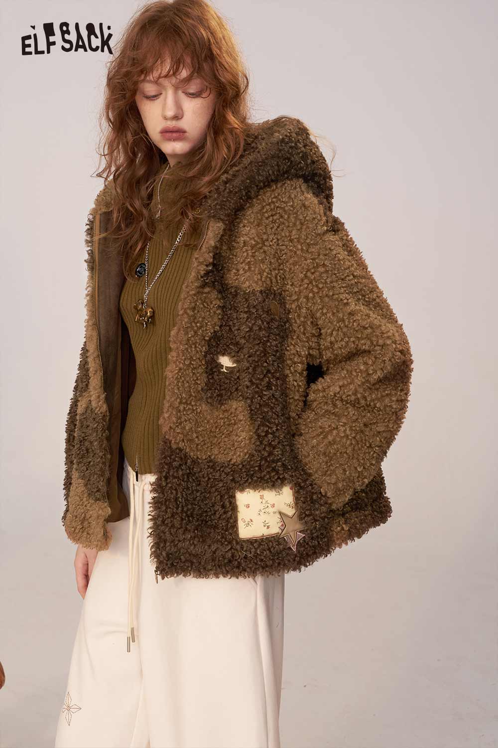 ELFSACK wool blend faux shearling coat with a relaxed fit and cozy texture for winter warmth