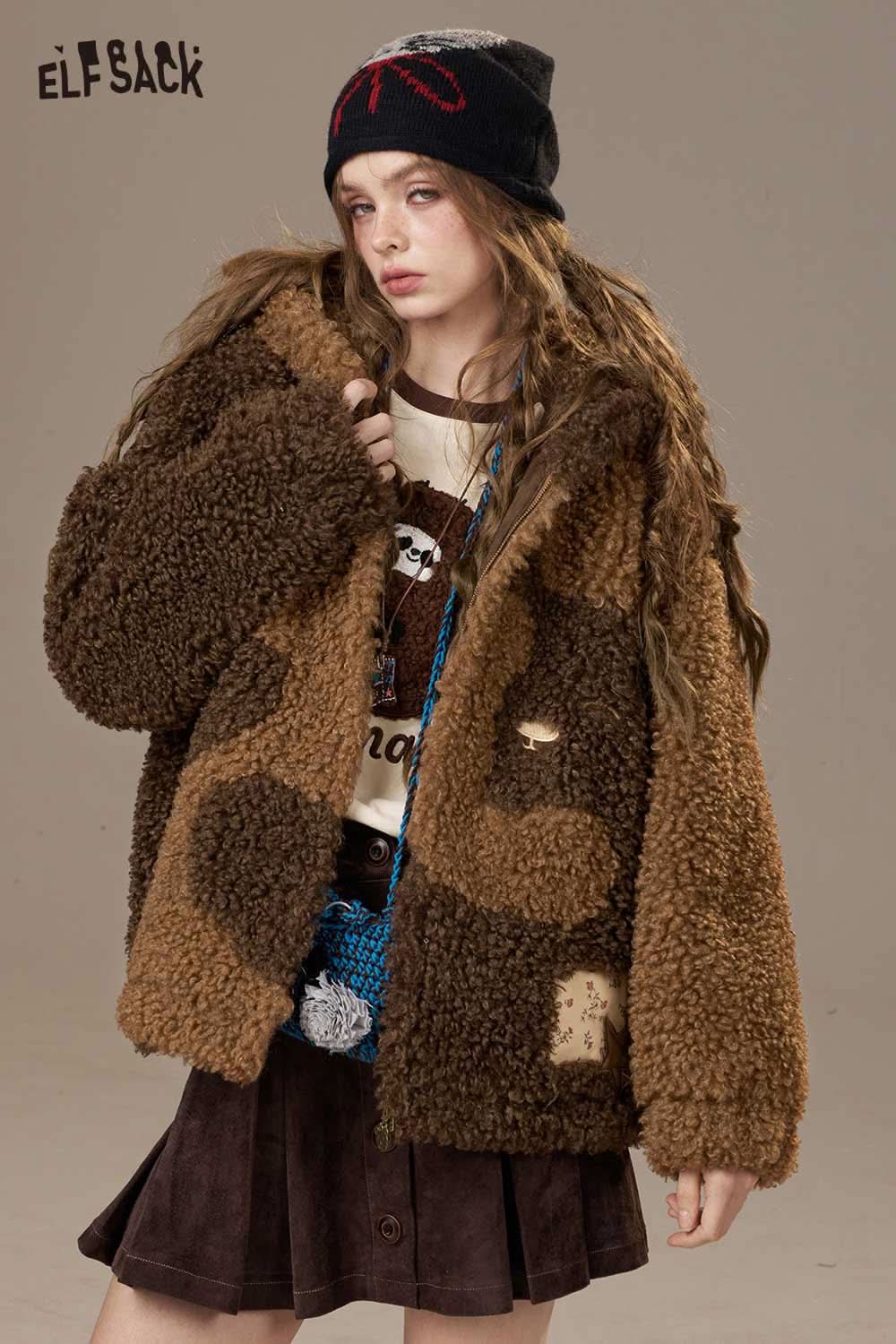 ELFSACK wool blend faux shearling coat in brown tones with patchwork design and cozy fit