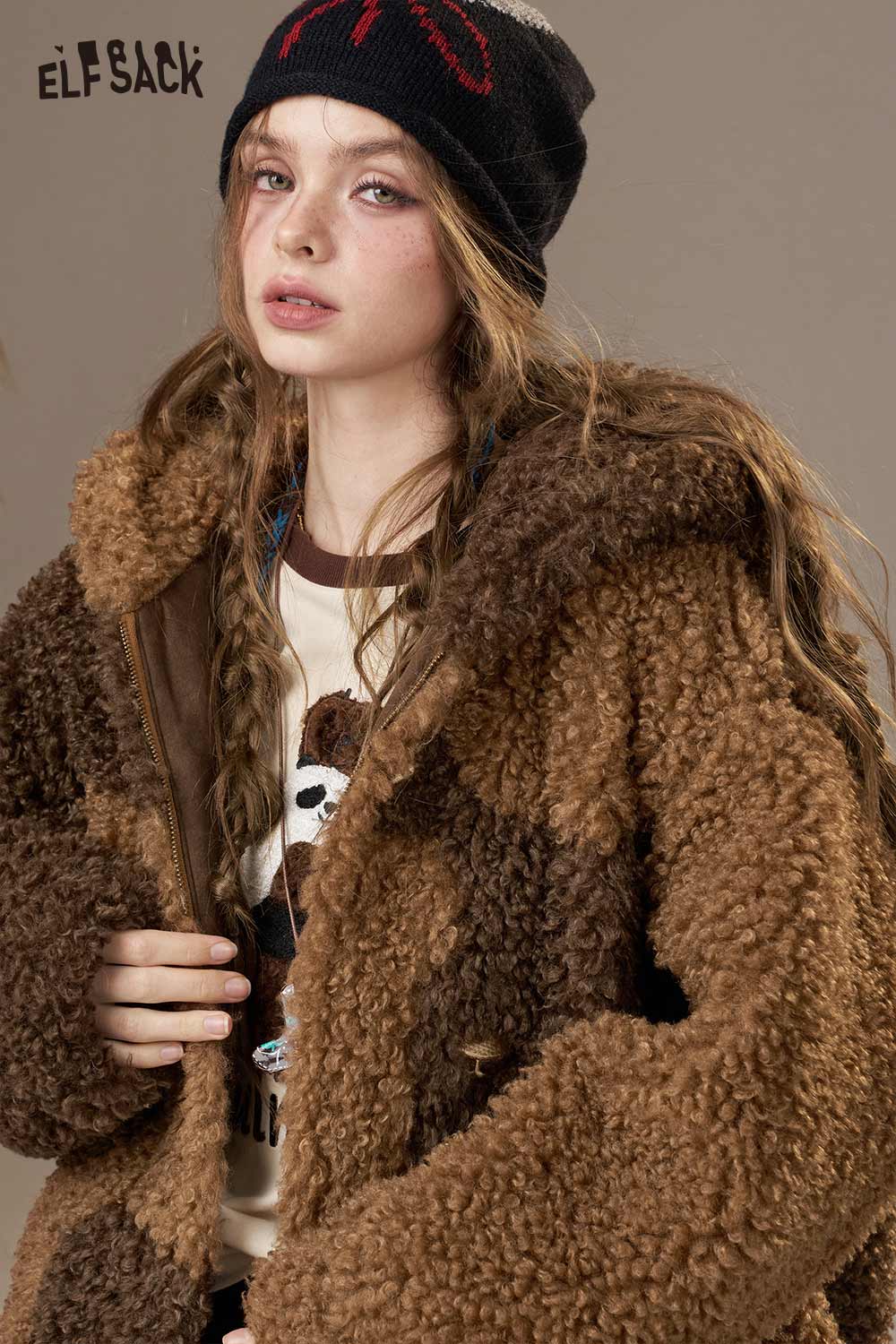 ELFSACK wool blend faux shearling coat in brown with cozy texture and stylish hood
